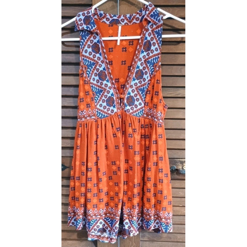 Free‎ People Orange Printed Sleeveless Charlotte Tunic Tank Top Pockets Size S